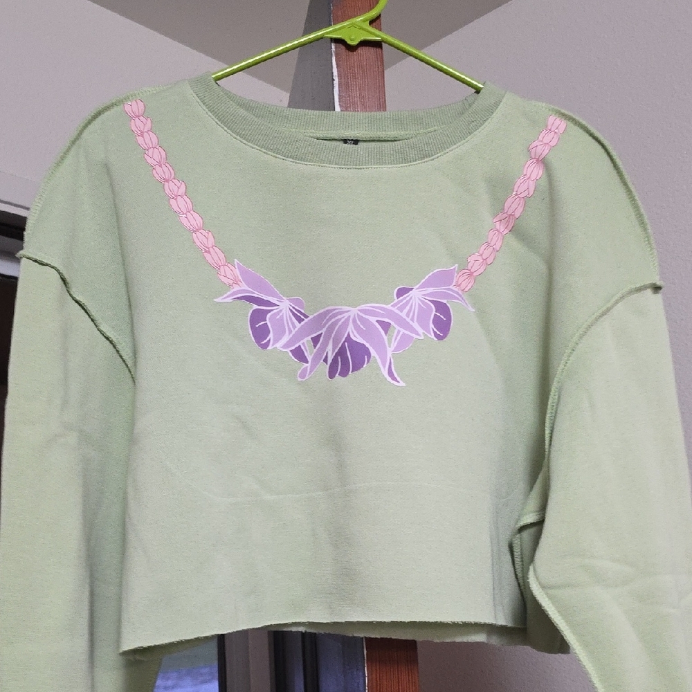 Chic Green Sweatshirt with Pink Pikake  and Purple Orchid Lei Design